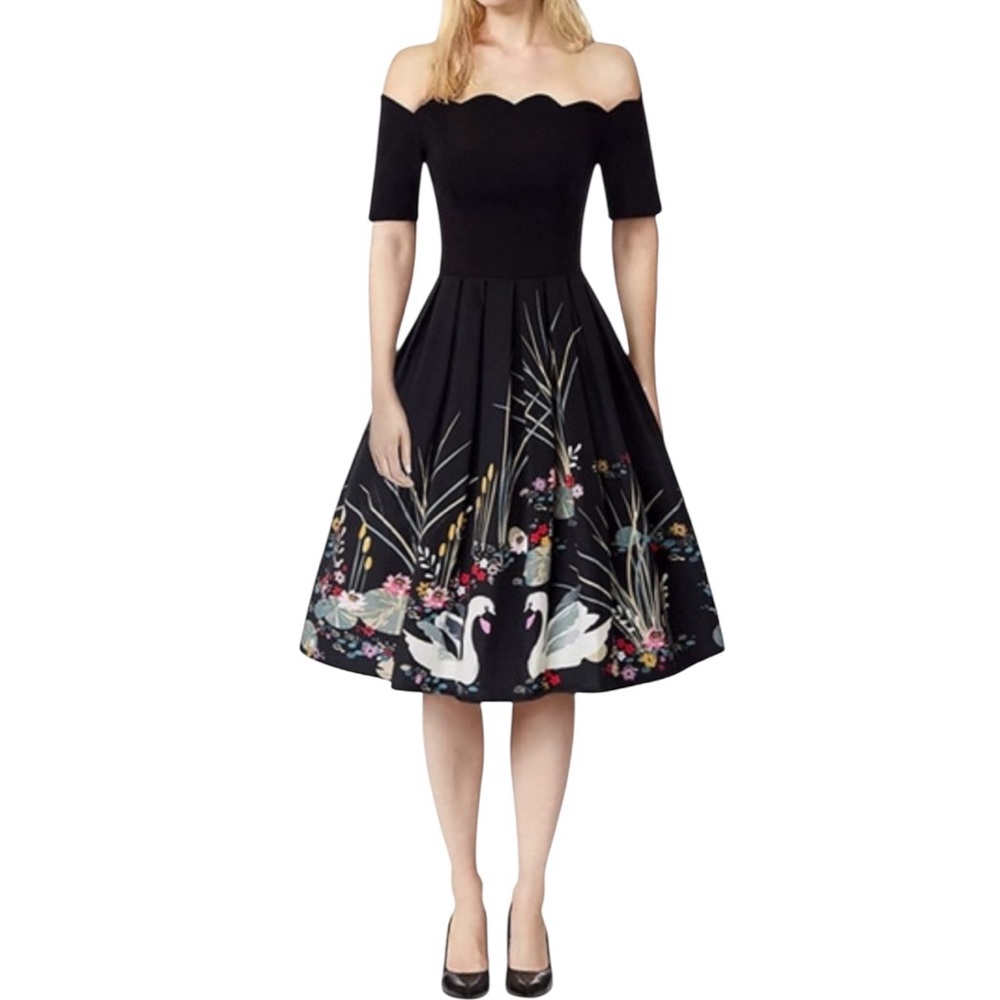 Belle Pogue Retro Black Floral Swan Print Dress
